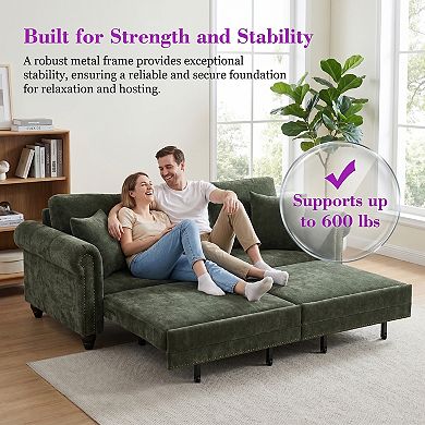 3-In-1 Convertible Sofa Bed With Nailhead Trim & Rolled Arms