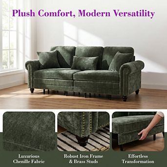 3-In-1 Convertible Sofa Bed With Nailhead Trim & Rolled Arms