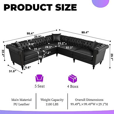 Modern L-Shaped Sectional Sofa With Rolled Arms, Tufted Design, 5-Seat Reclining Couch