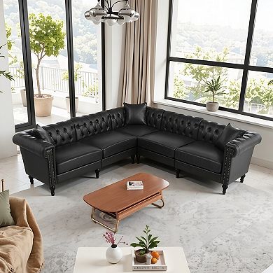 Modern L-Shaped Sectional Sofa With Rolled Arms, Tufted Design, 5-Seat Reclining Couch