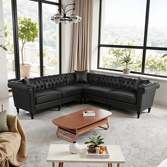 Modern L-Shaped Sectional Sofa With Rolled Arms, Tufted Design, 5-Seat Reclining Couch