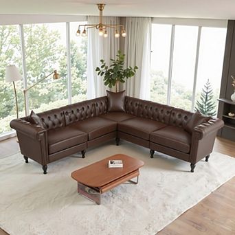 Modern L-Shaped Sectional Sofa With Rolled Arms, Tufted Design, 5-Seat Reclining Couch