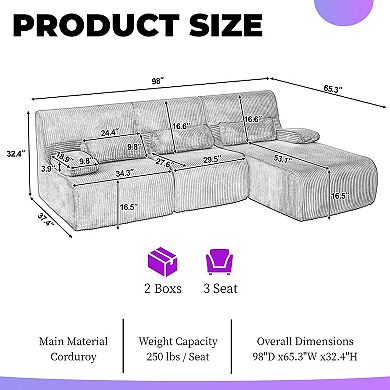 3-Seater Sectional Sofa With Ergonomic Support, Modular Design, 250lbs\seat