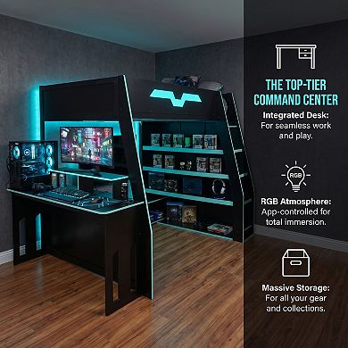 Solid Wood Loft Bed with Adjustable Study Desk, Multi-Tier Storage Shelves and RGB Lights
