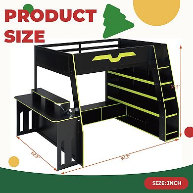 Solid Wood Loft Bed with Adjustable Study Desk, Multi-Tier Storage Shelves and RGB Lights