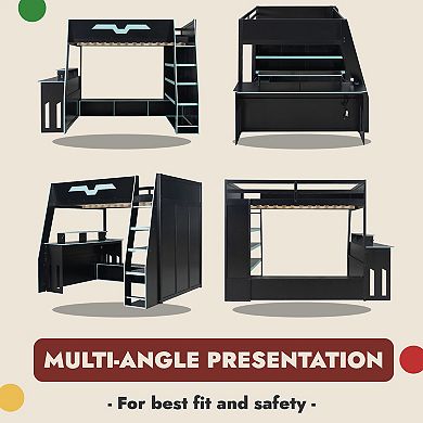 Solid Wood Loft Bed with Adjustable Study Desk, Multi-Tier Storage Shelves and RGB Lights