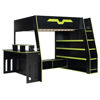 Solid Wood Loft Bed with Adjustable Study Desk, Multi-Tier Storage Shelves and RGB Lights