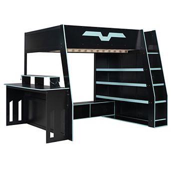 Solid Wood Loft Bed with Adjustable Study Desk, Multi-Tier Storage Shelves and RGB Lights