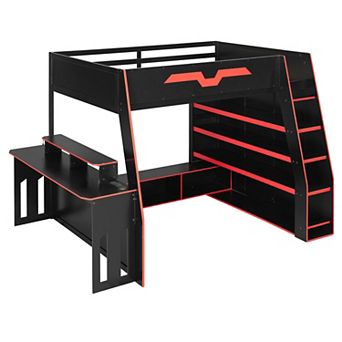 Solid Wood Loft Bed with Adjustable Study Desk, Multi-Tier Storage Shelves and RGB Lights