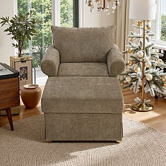 Plush Chenille Upholstered Accent Chair & Ottoman, 37.5", Sturdy Wood Frame, 600 Lbs Weight Capacity