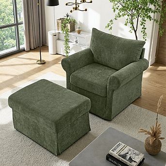 Plush Chenille Upholstered Accent Chair & Ottoman, 37.5", Sturdy Wood Frame, 600 Lbs Weight Capacity