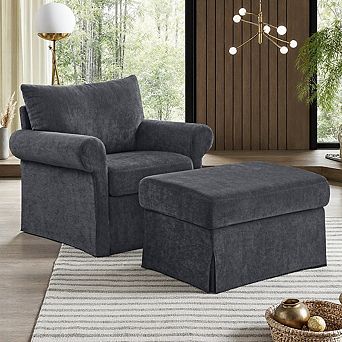 Plush Chenille Upholstered Accent Chair & Ottoman, 37.5", Sturdy Wood Frame, 600 Lbs Weight Capacity