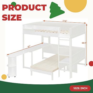 Space-Saving Wood Loft Bed with Rotating Desk, Sofa Lounger, Storage Shelf and LED Light