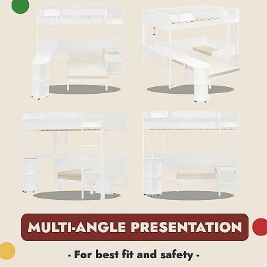 Space-Saving Wood Loft Bed with Rotating Desk, Sofa Lounger, Storage Shelf and LED Light