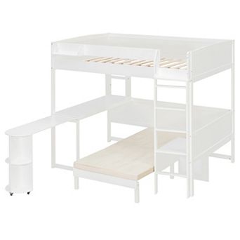 Space-Saving Wood Loft Bed with Rotating Desk, Sofa Lounger, Storage Shelf and LED Light