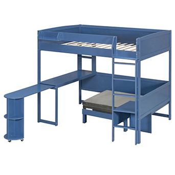 Space-Saving Wood Loft Bed with Rotating Desk, Sofa Lounger, Storage Shelf and LED Light