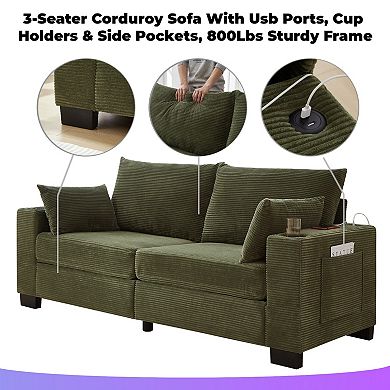 3-Seater Corduroy Sofa With Usb Ports, Cup Holders & Side Pockets, 800Lbs Sturdy Frame