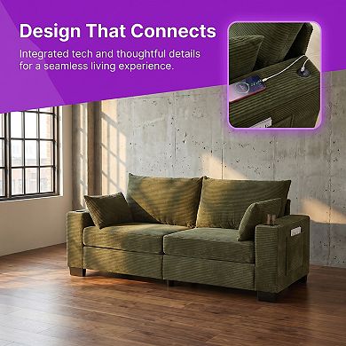3-Seater Corduroy Sofa With Usb Ports, Cup Holders & Side Pockets, 800Lbs Sturdy Frame