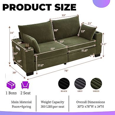 3-Seater Corduroy Sofa With Usb Ports, Cup Holders & Side Pockets, 800Lbs Sturdy Frame