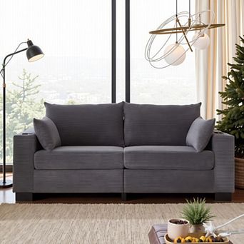 3-Seater Corduroy Sofa With Usb Ports, Cup Holders & Side Pockets, 800Lbs Sturdy Frame