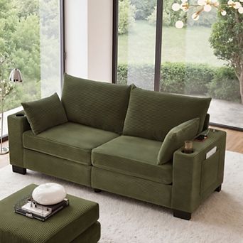 3-Seater Corduroy Sofa With Usb Ports, Cup Holders & Side Pockets, 800Lbs Sturdy Frame