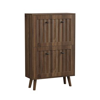 KTMBDW Fluted Shoe Cabinet, Freestanding Organizer with 2 Flip Drawers, Narrow Shoe Rack for Hallway