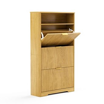 KTMBDW Fluted Shoe Cabinet with 3 Flip Drawers, Freestanding Shoe Organizer Rack for Hallway