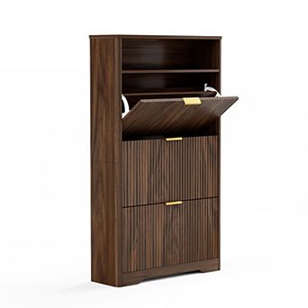 KTMBDW Fluted Shoe Cabinet with 3 Flip Drawers, Freestanding Shoe Organizer Rack for Hallway
