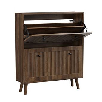 KTMBDW Fluted Shoe Cabinet with 2 Flip Drawers, Narrow Shoe Rack for Hallway