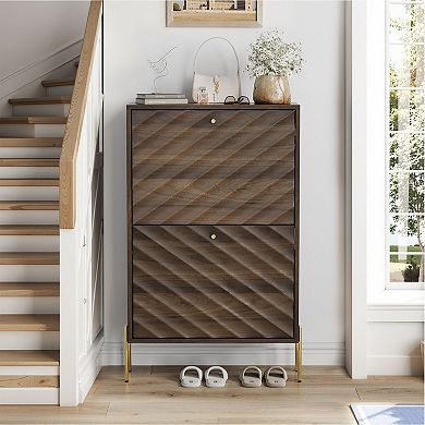 KTMBDW Mid-Century Modern Freestanding Shoe Cabinet with 2 Flip Drawers for Hallway