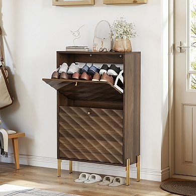 KTMBDW Mid-Century Modern Freestanding Shoe Cabinet with 2 Flip Drawers for Hallway