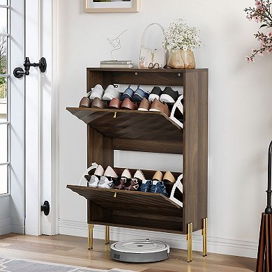 KTMBDW Mid-Century Modern Freestanding Shoe Cabinet with 2 Flip Drawers for Hallway