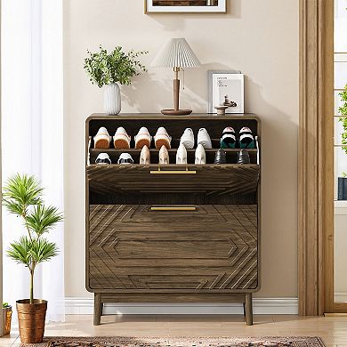 KTMBDW Mid-Century Modern Shoe Cabinet with 2 Flip Drawers