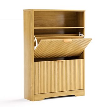 KTMBDW Fluted Shoe Cabinet with 2 Flip Drawers, Freestanding Shoe Organizer Rack for Hallway