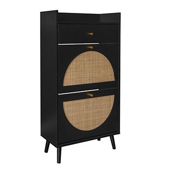 KTMBDW Rattan Shoe Storage Cabinet, Shoe Organizer with 2 Flip Drawers for Entryway, Hallway