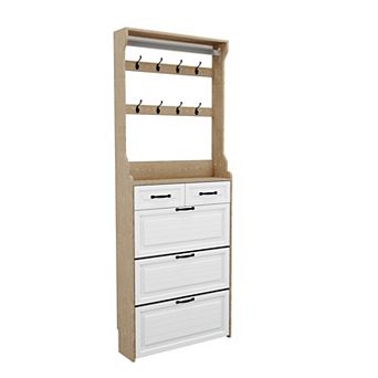 KTMBDW Tall Shoe Cabinet with 3 Flip Drawers and Coat Rack for Entryway