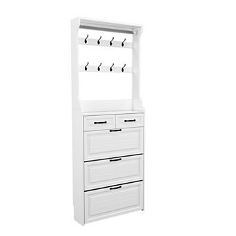 KTMBDW Tall Shoe Cabinet with 3 Flip Drawers and Coat Rack for Entryway