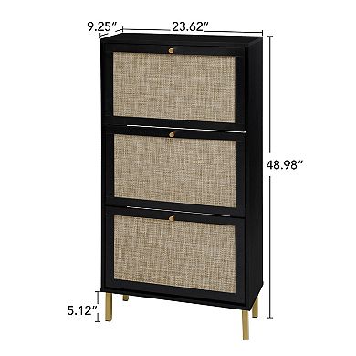 KTMBDW Rattan Shoe Storage Cabinet, Shoe Organizer with 3 Flip Drawers