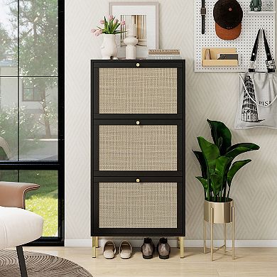 KTMBDW Rattan Shoe Storage Cabinet, Shoe Organizer with 3 Flip Drawers