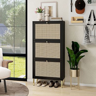 KTMBDW Rattan Shoe Storage Cabinet, Shoe Organizer with 3 Flip Drawers