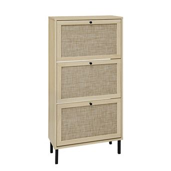 KTMBDW Rattan Shoe Storage Cabinet, Shoe Organizer with 3 Flip Drawers