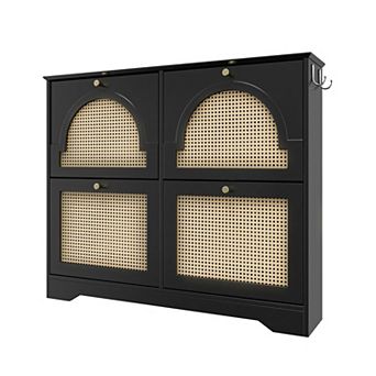 KTMBDW Mid-Century Shoe Cabinet with 4 Flip Drawers and 2 Hooks for Hallway