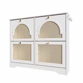 KTMBDW Mid-Century Shoe Cabinet with 4 Flip Drawers and 2 Hooks for Hallway