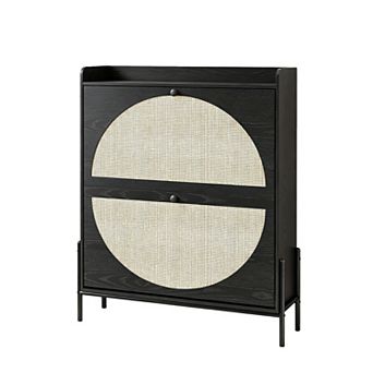KTMBDW Rattan Shoe Cabinet with 2 Flip Drawers, Freestanding Storage Organizer for Entryway