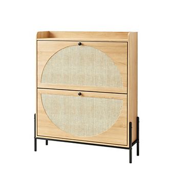 KTMBDW Rattan Shoe Cabinet with 2 Flip Drawers, Freestanding Storage Organizer for Entryway