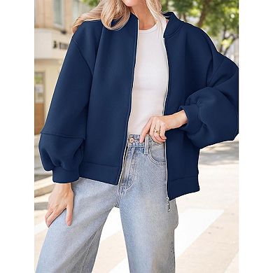 Women's Oversized Zip Up Bomber Jacket Casual Long Sleeve Loose Coat Lightweight Outwear