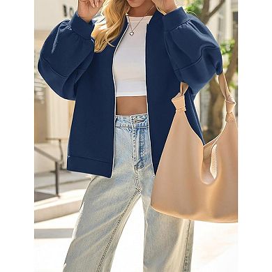 Women's Oversized Zip Up Bomber Jacket Casual Long Sleeve Loose Coat Lightweight Outwear