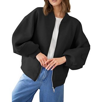 Women's Oversized Zip Up Bomber Jacket Casual Long Sleeve Loose Coat Lightweight Outwear