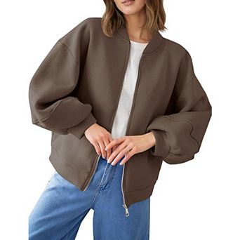 Women's Oversized Zip Up Bomber Jacket Casual Long Sleeve Loose Coat Lightweight Outwear