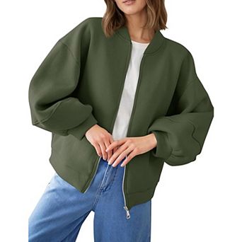 Women's Oversized Zip Up Bomber Jacket Casual Long Sleeve Loose Coat Lightweight Outwear